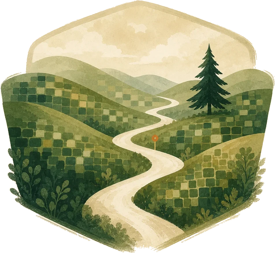 Painterly badge-inspired landscape with contribution graph squares forming an open source ecosystem.