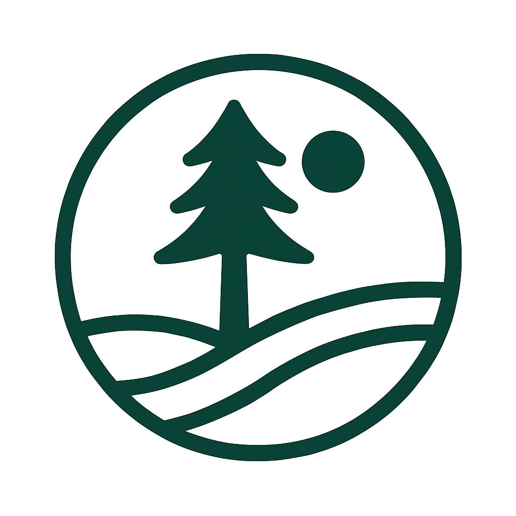 a line-drawn logo of a pine tree in rolling hills